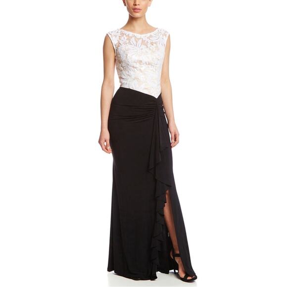 NWT DECODE 1.8 White/Black Lace Bodice Ruffle Split Maxi Formal Dress. Size 4 - Picture 1 of 12